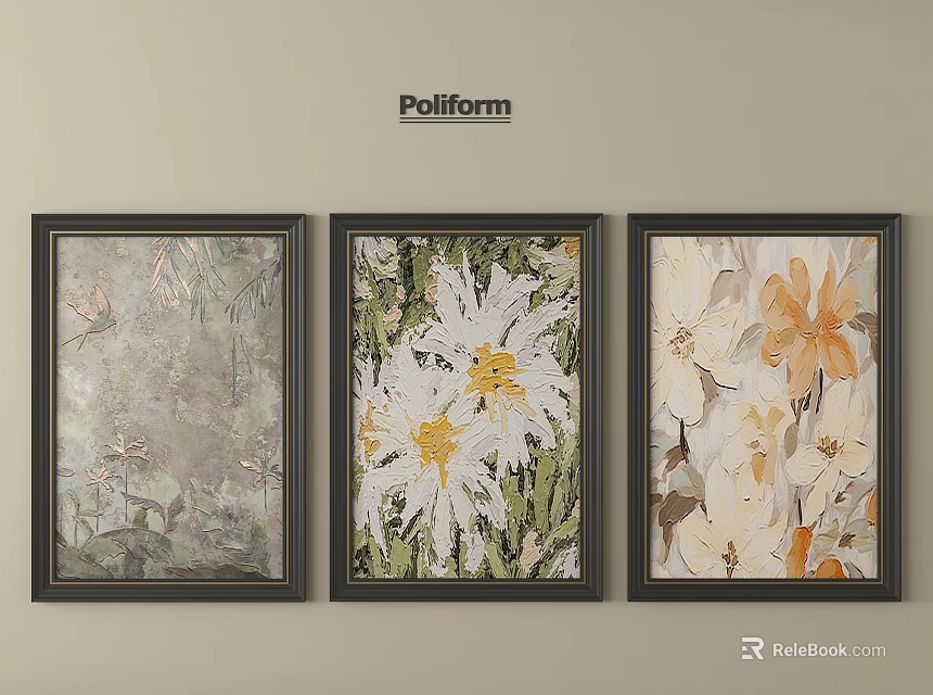 Poliform Three Framed Artworks With Floral Patterns And Neutral Colors 3d model 