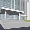 Modern Office Building With Glass Curtain Wall White Exterior Green Lawn And Entrance Steps