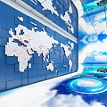Blue World Map Wall With Digital Interface And Technology Display Elements 3d model