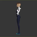3D Model Female Character Standing in Black Bodysuit With Purple Stripes and Blue Shoes 3d model
