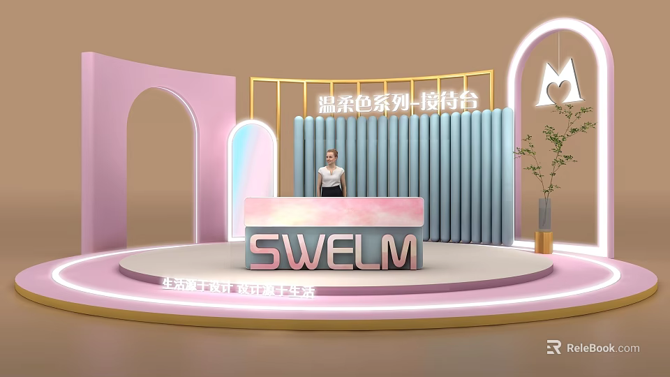SWELM Soft Color Series Reception Desk with Curved Arched Design and Receptionist in Modern Interior 3d model 