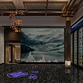 Chinese Style Hotel Lobby With Latticed Ceiling Chandelier Landscape Painting And Marble Floor
