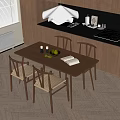Modern Restaurant Wooden Dining Table With Woven Chairs Fruit Bowl Open Book Salt Pepper Shakers