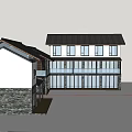Modern Brick House Exterior With Flowering Trees Grassland And Mountain Backdrop