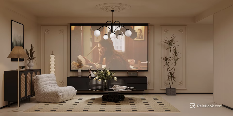 Cozy Home Theater Interior With Large Screen Chandelier And Sofa 3d model 