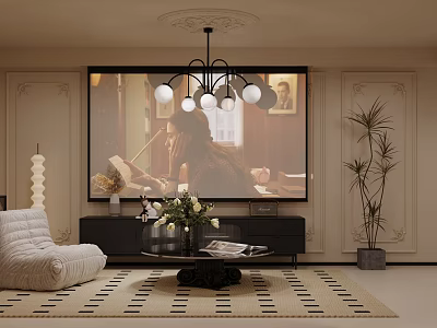 Cozy Home Theater Interior With Large Screen Chandelier And Sofa 3d model