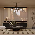 Cozy Home Theater Interior With Large Screen Chandelier And Sofa