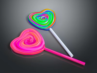 Colorful and Pink Heart Shaped Lollipops with Swirl Patterns and Different Colored Sticks 3d model