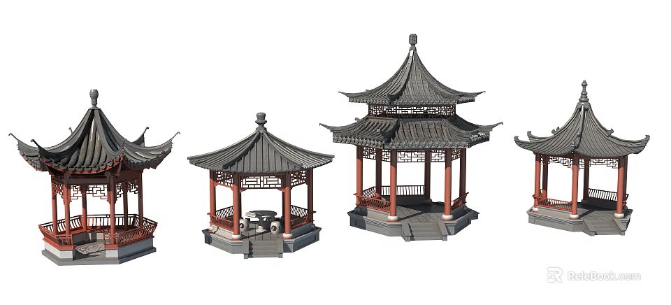 Traditional Chinese Pavilions With Curved Roofs Red Pillars And Ornate Carvings 3d model 
