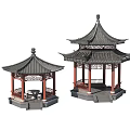 Traditional Chinese Pavilions With Curved Roofs Red Pillars And Ornate Carvings