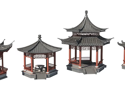 Traditional Chinese Pavilions With Curved Roofs Red Pillars And Ornate Carvings 3d model