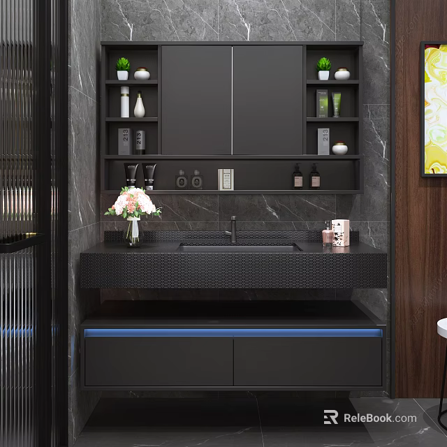 Modern Black Bathroom Vanity with Marble Countertop Mirror Shelves and Decorative Vase 3d model 