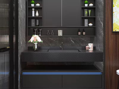 Modern Black Bathroom Vanity with Marble Countertop Mirror Shelves and Decorative Vase 3d model