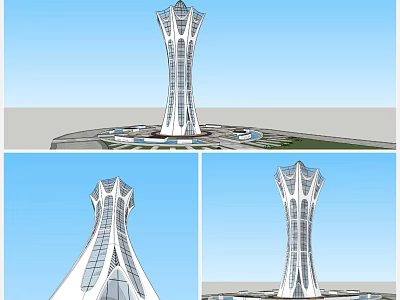 Modern Tower Architectural Design Featuring Streamlined Structure Glass Facade And Surrounding Plaza 3d model