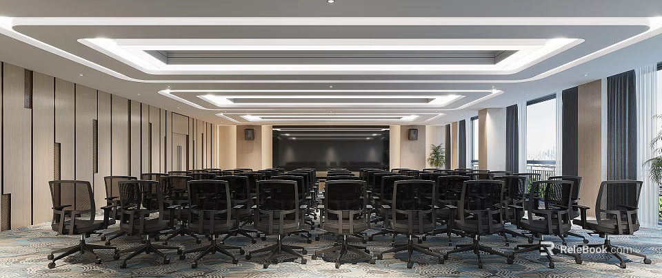 Modern Conference Room Interior With Neatly Arranged Black Chairs Projection Screen And Ceiling Lights 3d model 