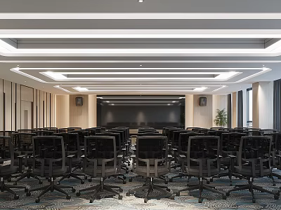 Modern Conference Room Interior With Neatly Arranged Black Chairs Projection Screen And Ceiling Lights 3d model