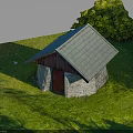 Small Stone And Wooden Building With Sloped Roof On Green Grass Surrounded By Trees