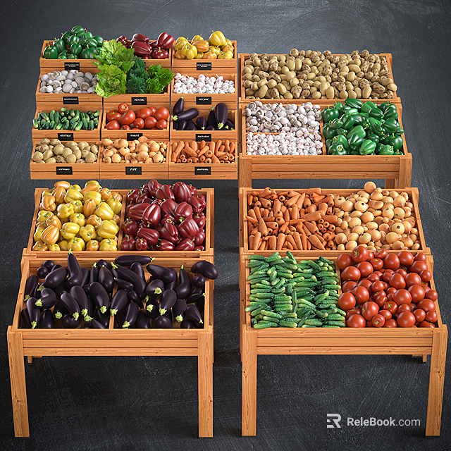 Wooden Display Shelves Holding Organized Fresh Vegetables Including Potatoes Tomatoes and Peppers 3d model 