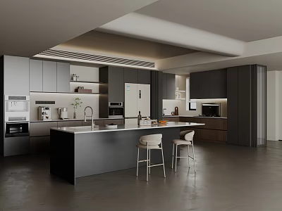 Modern Restaurant Kitchen Interior With Open Design Island Counter And Bar Stools 3d model