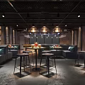 Modern Industrial Restaurant With Live Music Stage Drum Set Tables Sofa Seats And Bookshelves