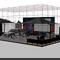 Modern Stage Setup With White Audi Red Sports Car Umbrellas Tables And Colorful Backdrop
