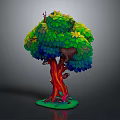 Colorful Artistic Tree Featuring Green Yellow Blue Leaves Red Trunk and Grass at Base