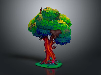 Colorful Artistic Tree Featuring Green Yellow Blue Leaves Red Trunk and Grass at Base 3d model