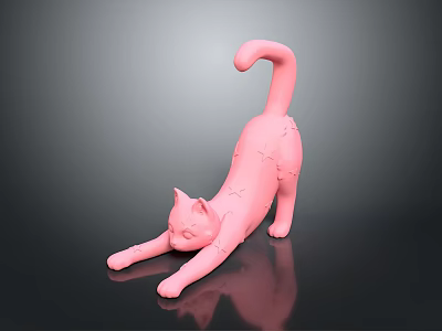 Pink Cat Doll In Stretching Pose With Cross Stitches On Body Against Dark Background 3d model