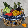 Fresh Assorted Vegetables in Wicker Basket with Blue and White Patterned Cloth on Gray Countertop