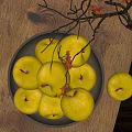 Ceramic Bowl Filled With Green Apples On Wooden Table With Branches And Red Flowers