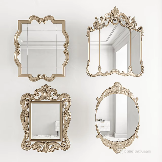 Decorative Mirrors With Ornate Gold Frames In Various Shapes For Interior Design 3d model