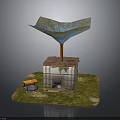 Scene Construction With Metallic Canopy Square Building And Orange Object On Green Grass