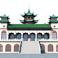 Ancient Architecture with Green Roofs Multi Tiered Eaves Red Windows White Walls Stone Steps Balustrades