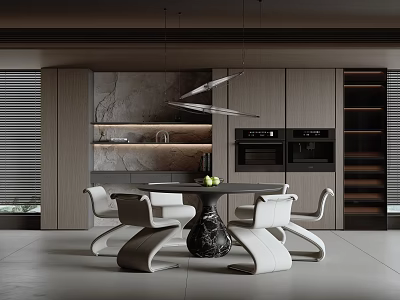 Elegant Modern Restaurant Interior Design With Open Dining Area Marble Table And Hanging Pendant Lights 3d model