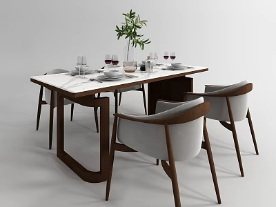 Modern Dining Table Set With Marble Top Gray Cushioned Chairs Green Plant And Wine Glasses 3d model