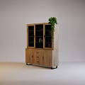 Rustic Wooden Bookcase With Glass Doors Drawers And Green Plant Decor