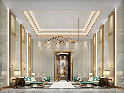 Luxury Hotel Lobby Interior Design With Marble Walls Chandelier Green Sofas And Artwork 3d model