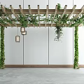 Green Vines Covered Wooden Pergola With Hanging Lanterns White Walls And Gray Floor