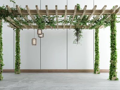 Green Vines Covered Wooden Pergola With Hanging Lanterns White Walls And Gray Floor 3d model