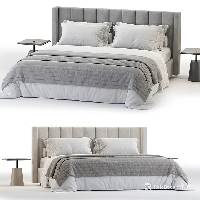 Modern Double Bed Interior With Upholstered Headboard Gray Bedding And Pillows 3d model
