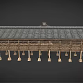 Traditional Wooden House With Tile Roof And Wooden Pillars Veranda Hanging Bells And Stone Steps