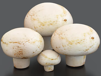 Fresh White Mushrooms Vegetables in Different Sizes on Black Background 3d model