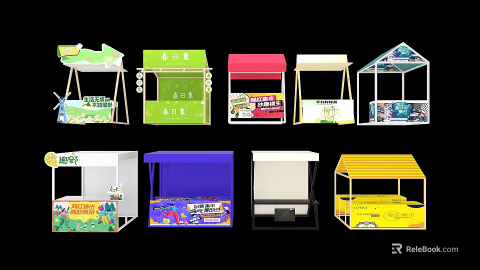 Colorful Market Stalls With Various Roof Designs And Decorative Signs 3d model 