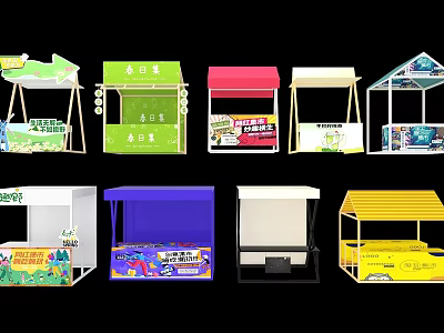 Colorful Market Stalls With Various Roof Designs And Decorative Signs 3d model
