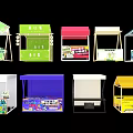 Colorful Market Stalls With Various Roof Designs And Decorative Signs