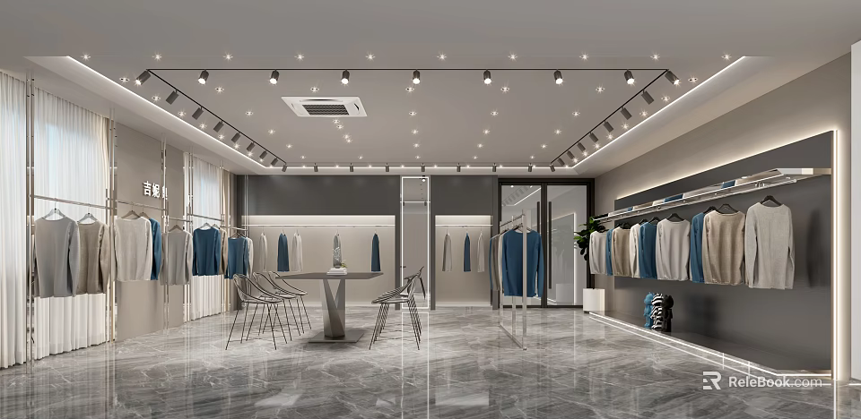 Modern Clothing Store Interior With Hanging Clothes Chairs Table Marble Floor And Lighting 3d model 