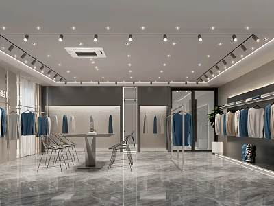Modern Clothing Store Interior With Hanging Clothes Chairs Table Marble Floor And Lighting 3d model