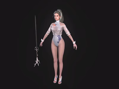 Woman In Transparent Top And Light Colored Bodysuit With Headpiece Holding Decorative Sword And Sandals 3d model