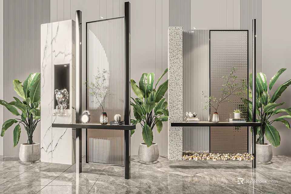 Modern Room Divider Design With Metal Frames Green Plants And Decorative Marble Tables 3d model 