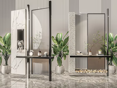 Modern Room Divider Design With Metal Frames Green Plants And Decorative Marble Tables 3d model